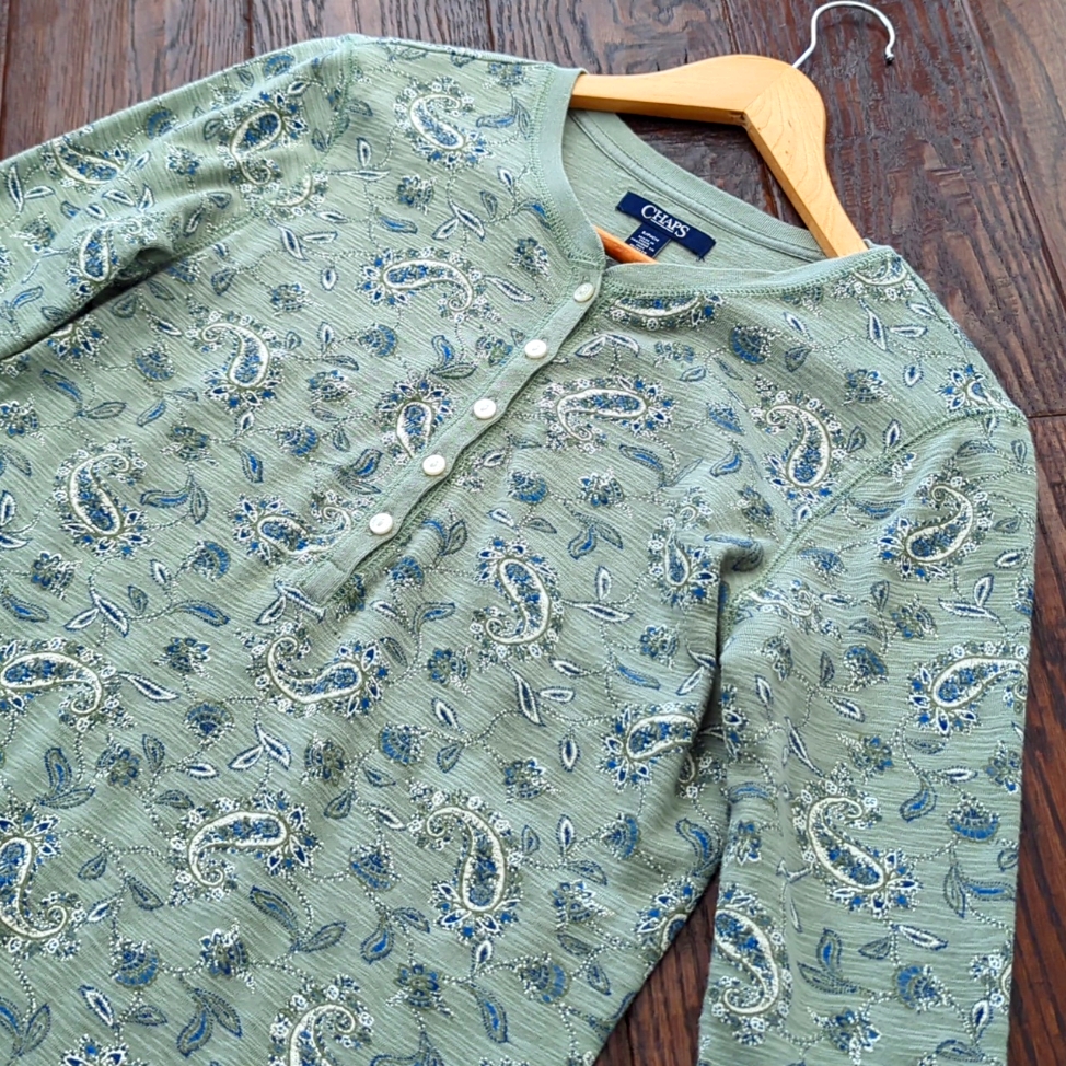 Chaps I Sage Green & Blue Paisley Print Cotton Button Front Henley Shirt Top, S